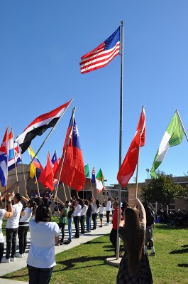 students holding flags
